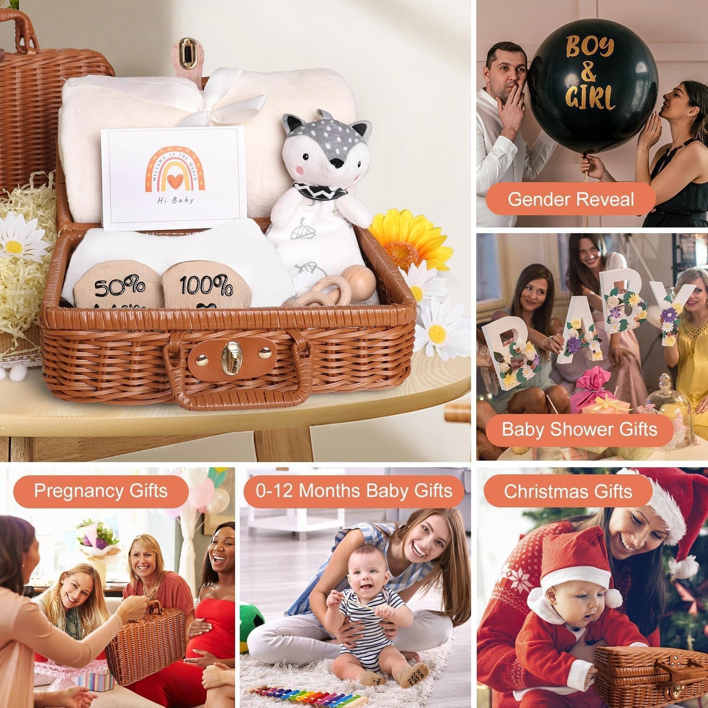 Baby Gift Basket – Eco-Friendly Newborn Gift Set with Blanket, Rattle, Socks & Plush Toy | Perfect Baby Shower Gift for Boys & Girls(White)
