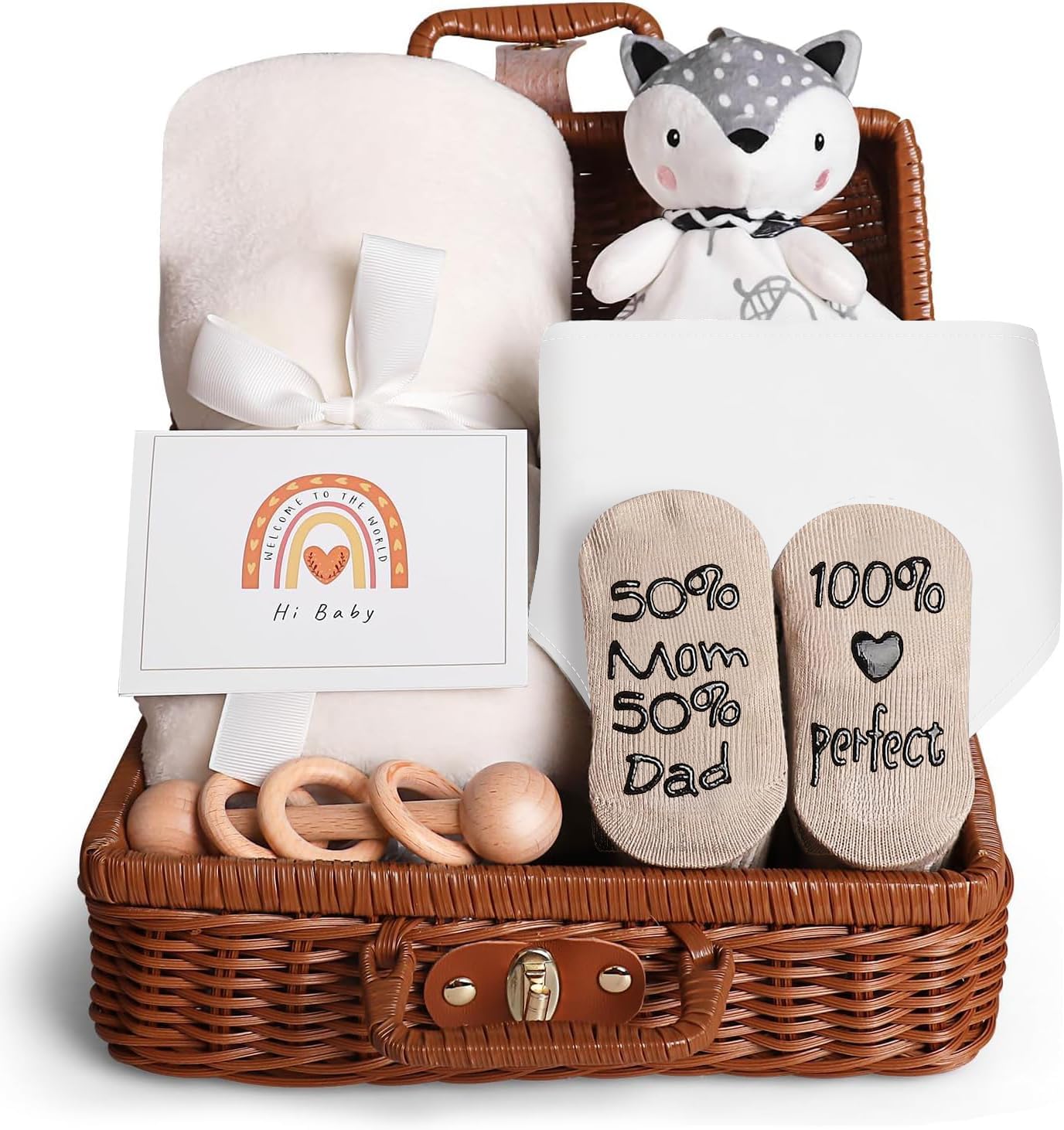 Baby Gift Basket – Eco-Friendly Newborn Gift Set with Blanket, Rattle, Socks & Plush Toy | Perfect Baby Shower Gift for Boys & Girls(White)