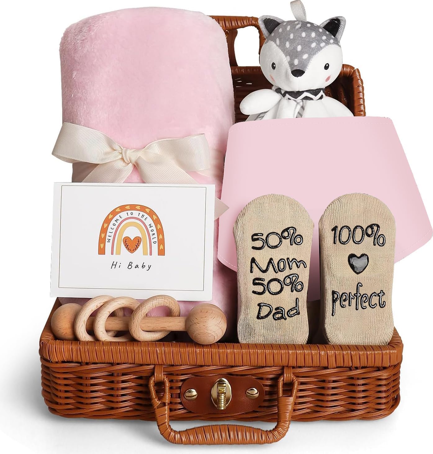 Baby Gift Basket – Eco-Friendly Newborn Gift Set with Blanket, Rattle, Socks & Plush Toy | Perfect Baby Shower Gift for Boys & Girls (Pink)